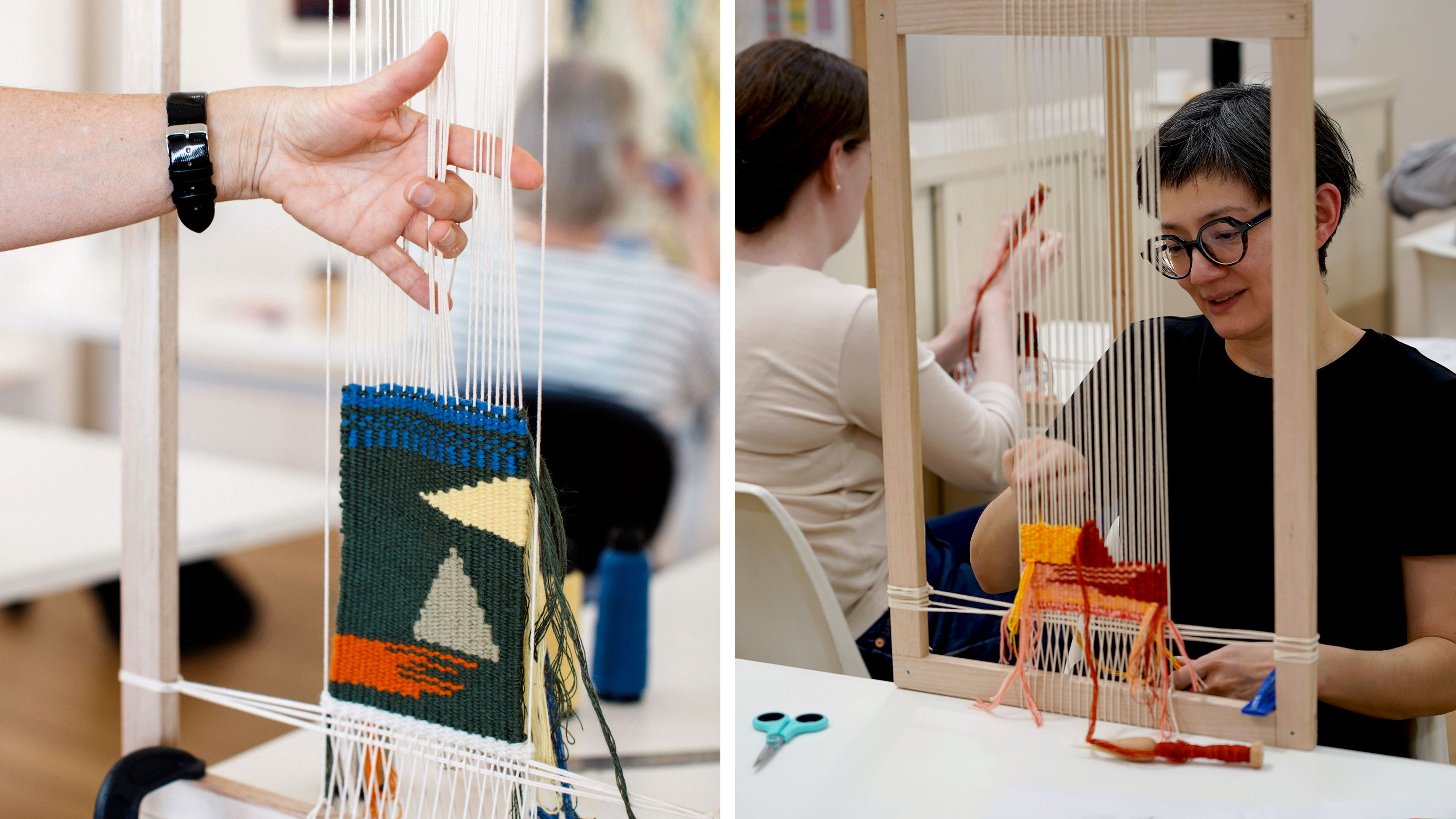 People weaving on a loom in a class
