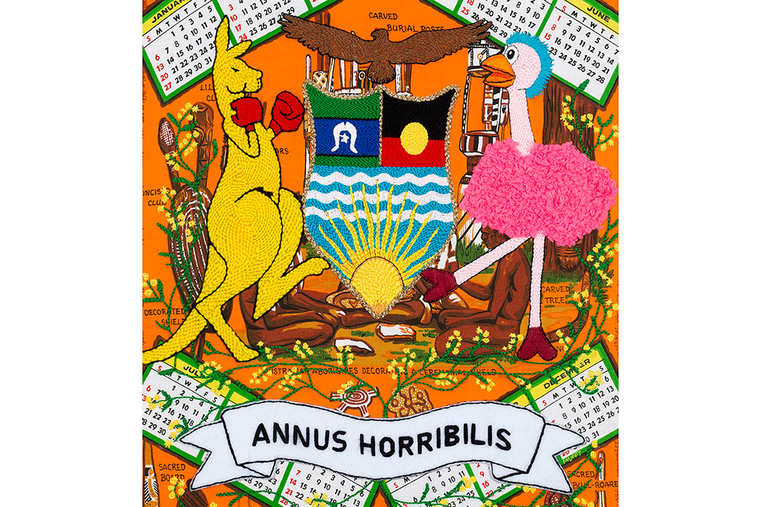 Kait James, ‘Annus Horribilis’ detail, 2020, Aboriginal souvenir tea towels and embroidery. Image courtesy of the artist.