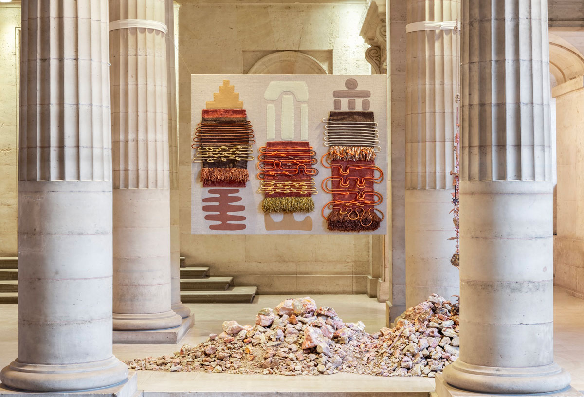 Earth Remembers, 2025 Handwoven sculptural tapestry, stitched and layered on canvas, mixed media Jute, hemp (naturally dyed, France), cotton, wool (botanically dyed, Turkey), up-cycled Italian threads, rope, cord. Photographer: Paul Hennebelle