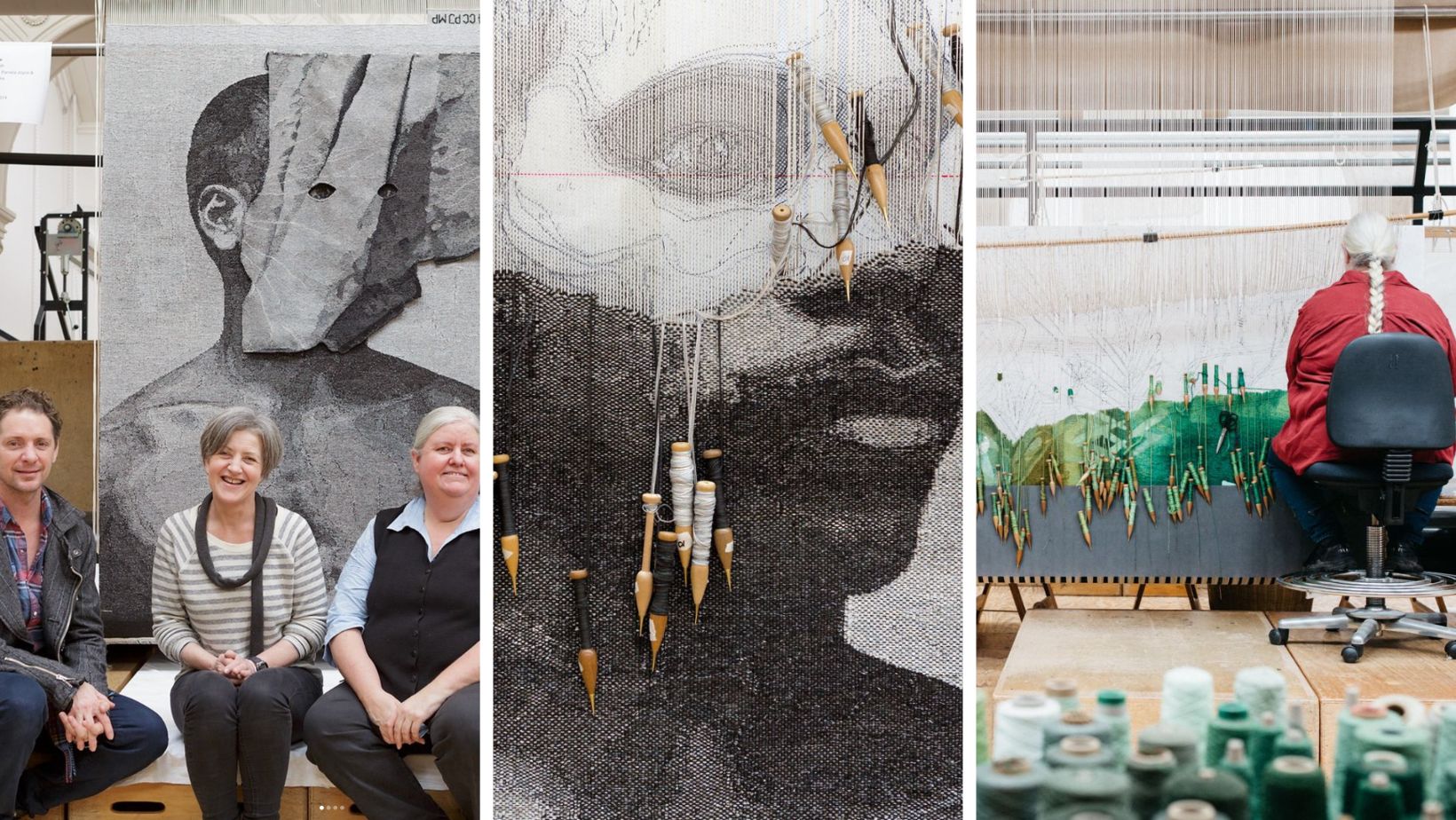Triptych of Chris Cochius with artist Brook Andrew and fellow weaver Pamela Joyce; detail of 'Catching Breath' designed by Brook Andrew in progress; and Chris Cochius weaving 'Hear the Plant Song' 2020, designed by Janet Laurence.