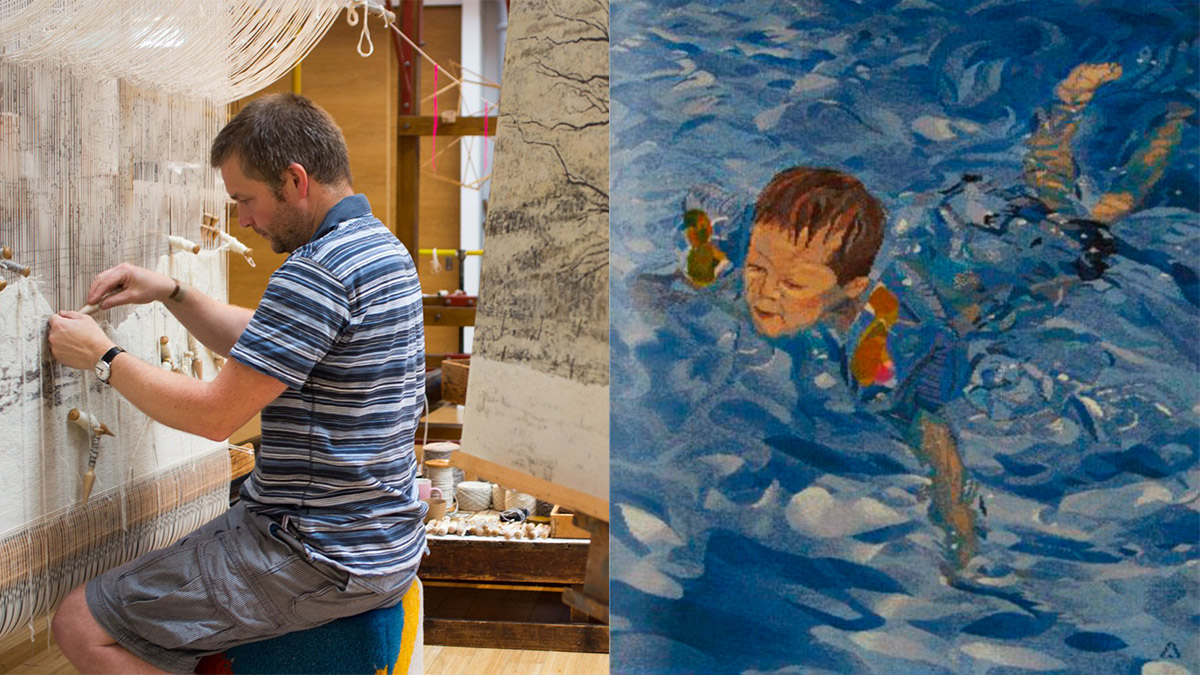 Left: David Cochrane working on The Large Tree Group Tapestry at Dovecot Studios. Courtesy of Dovecot Studios. ‘Waterbaby’ woven by David Cochrane. Courtesy of the artist. 