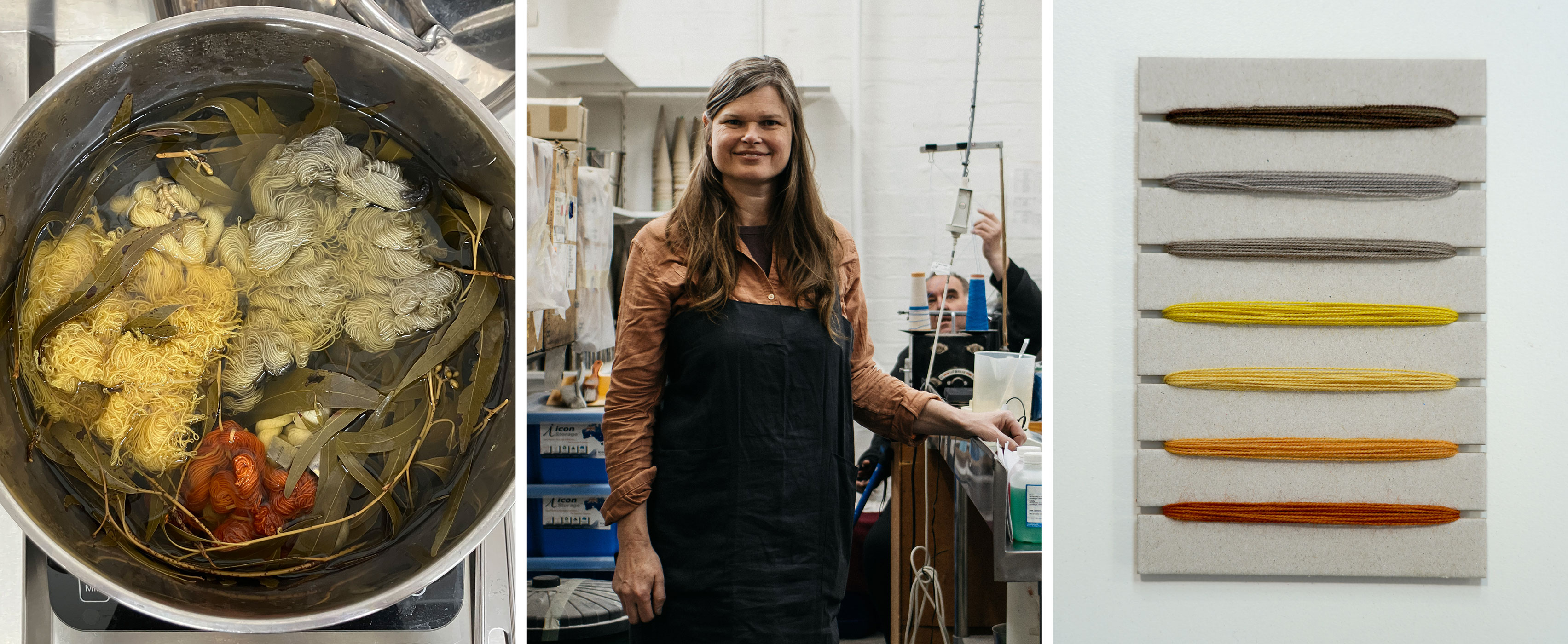 Heather Thomas in the ATW Dye Lab with yarn and native plants
