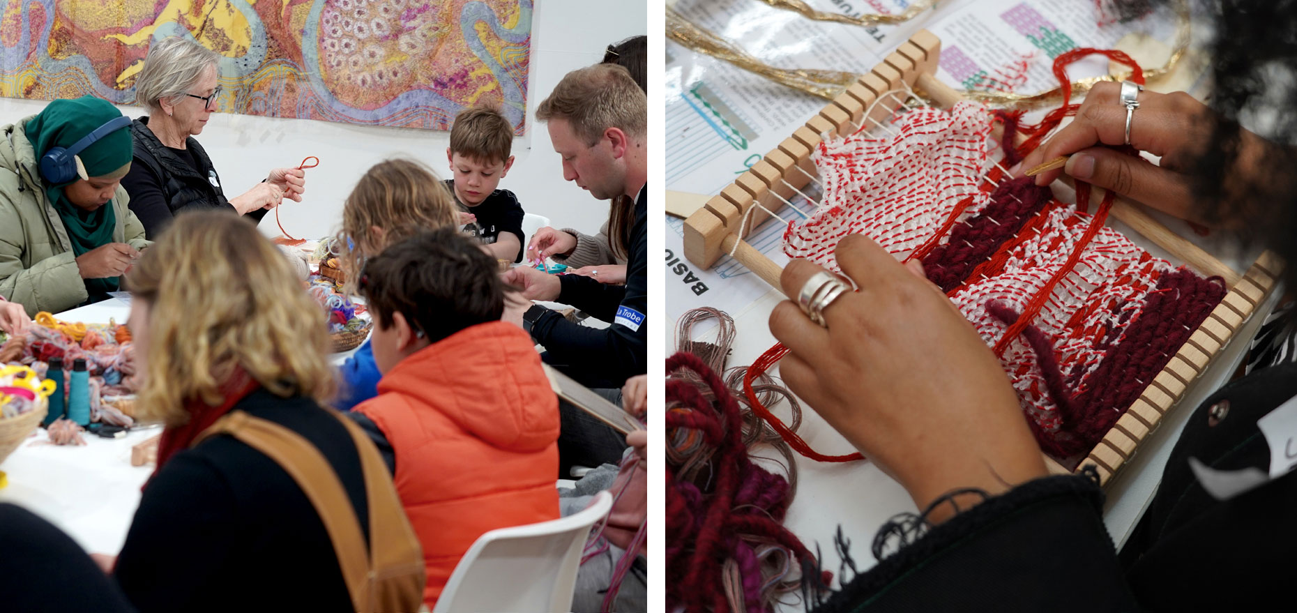 People sitting around a table and weaving with colourful yarn