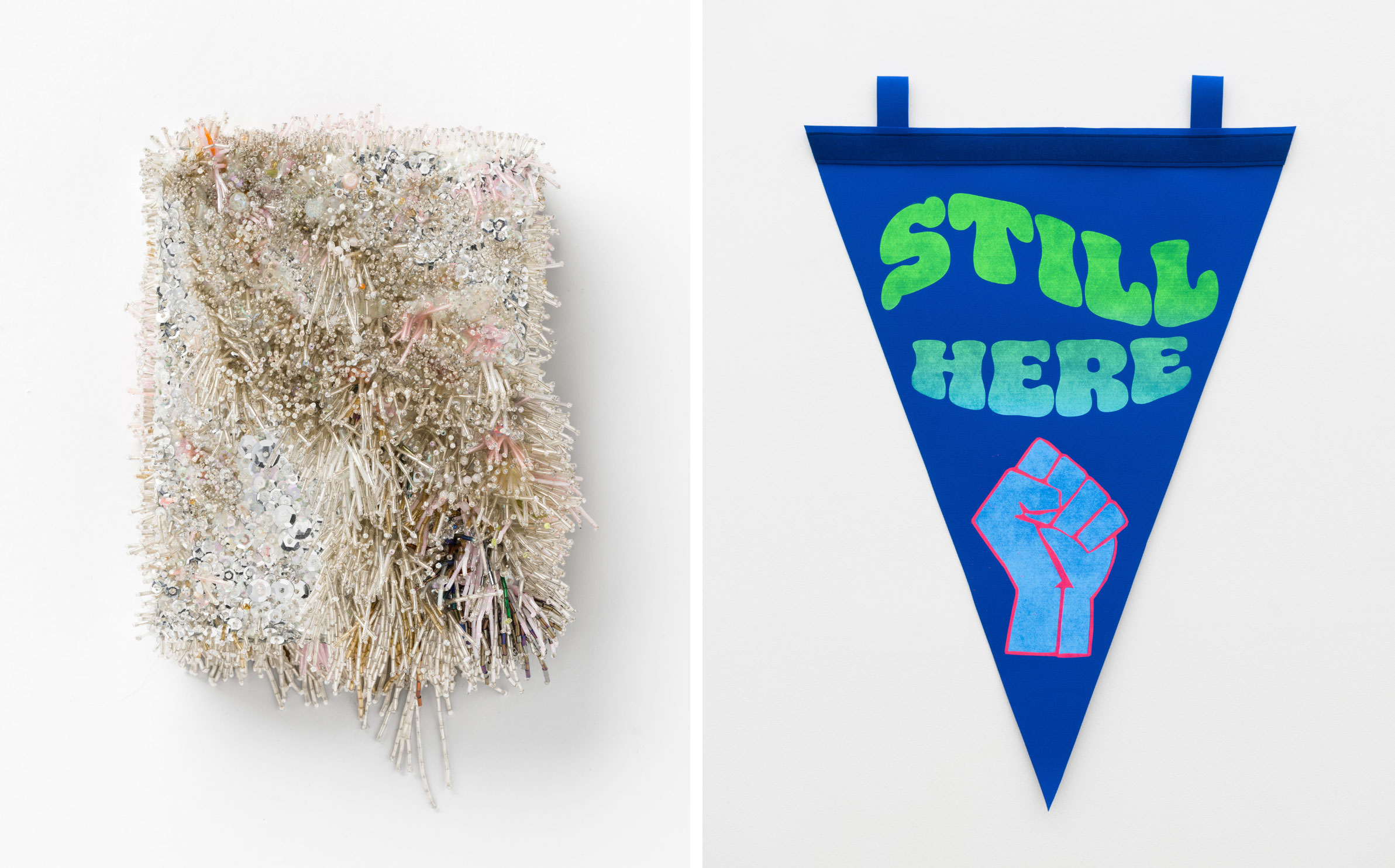 L – R Louise Meuwissen ‘A moment eternal, no.9 (glimmer)’, 2021-2022. Photography by Matthew Stanton. Kait James ‘Still Here (Blue)’, 2024. two textile artworks, one covered in beads, the other flag shaped with the text 'still here'