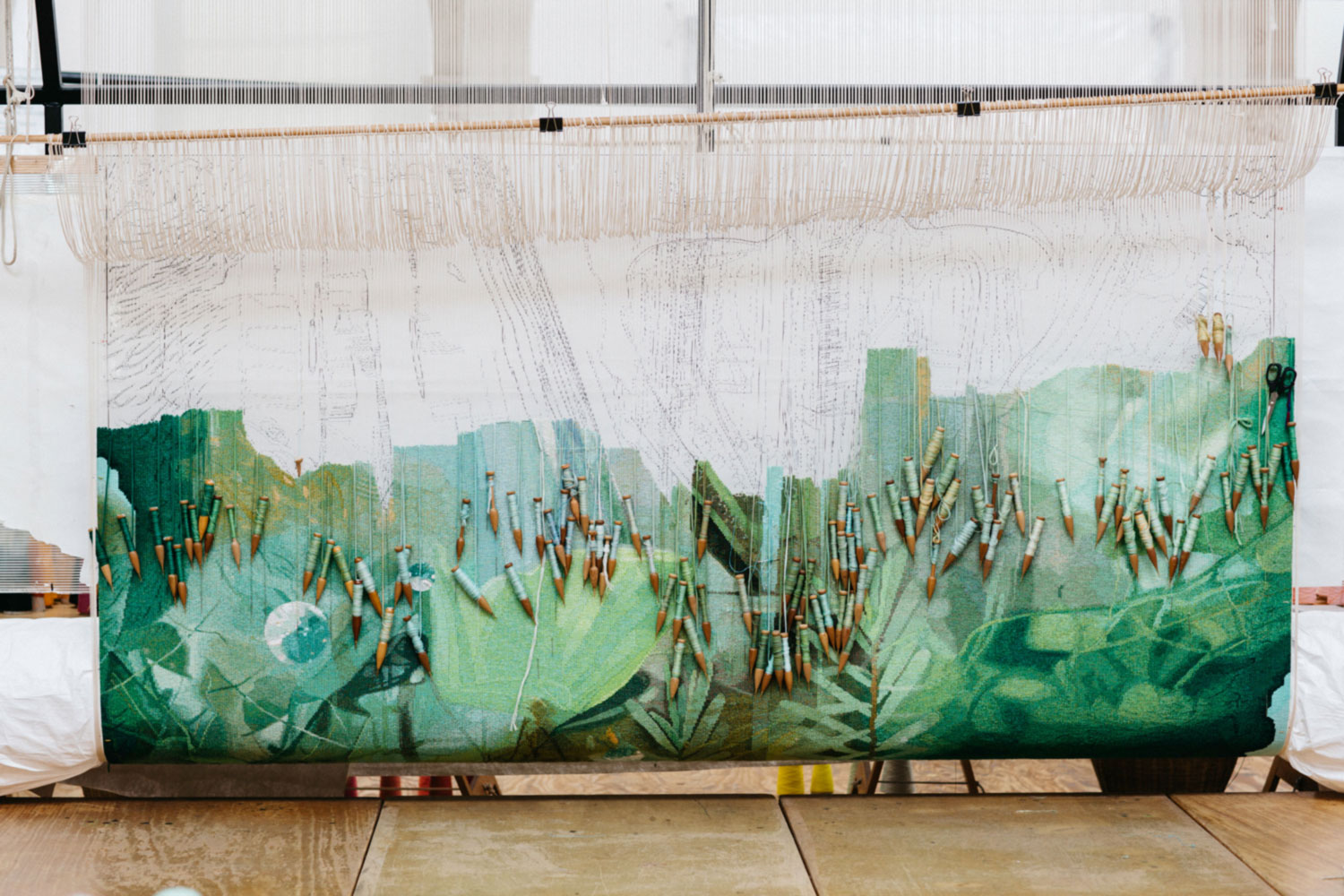 Tapestry in progress: ‘Hear the Plant Song’ 2020, Janet Laurence, woven by Chris Cochius, Amy Cornall, Cheryl Thornton, Sue Batten, wool, cotton, 1.56 x 2.7m. Photo: Marie-Luise Skibbe.