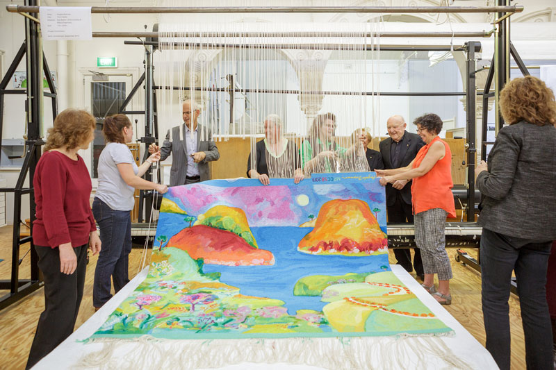 Cutting Off Ceremony for ‘Point Addis,’ 2013, designed by Angela Brennan, woven by Sue Batten, Chris Cochius & Milena Paplinska, wool and cotton, 1.80 x 2.00m. Photograph: Jeremy Weihrauch.