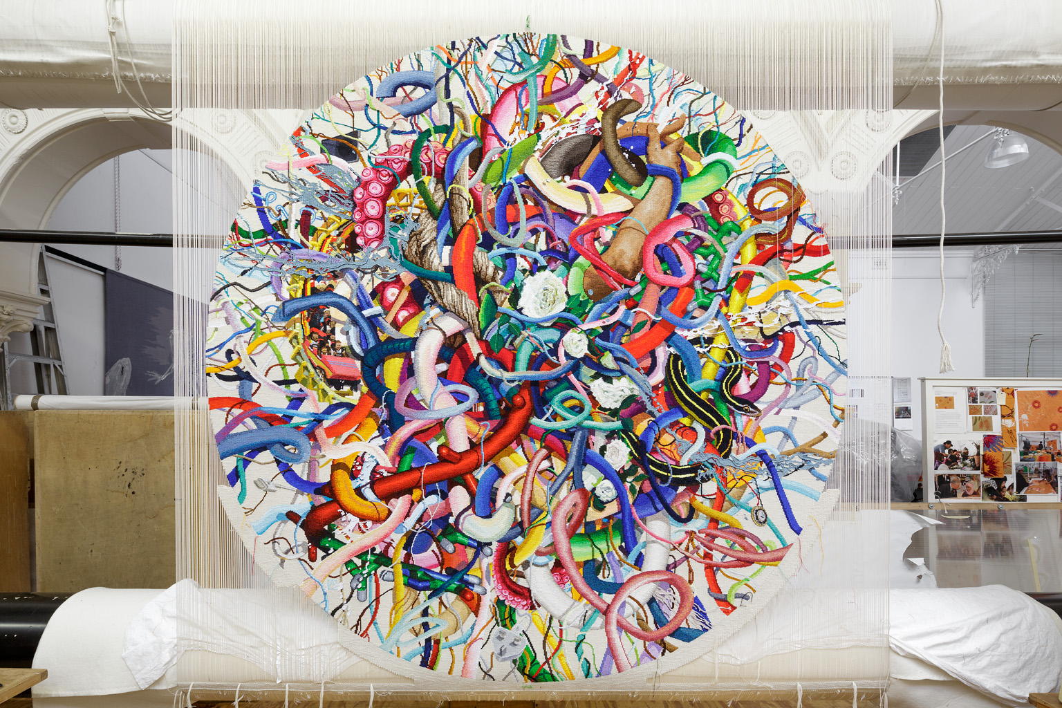 'Gordian Knot' 2016, designed by Keith Tyson and woven by Chris Cochius, Sue Batten, Pamela Joyce & Milena Paplinska, wool and cotton, 2.4 x 2.4m. Photograph: Jeremy Weihrauch.