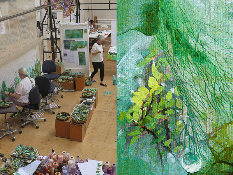Left: ATW weavers working on 'Listen, to the Sound of Plants,' designed by Janet Laurence in 2017. Photo: ATW. Right: Detail of 'Listen, to the Sound of Plants,' designed by Janet Laurence in 2017. Photo: Jeremy Weihrauch.