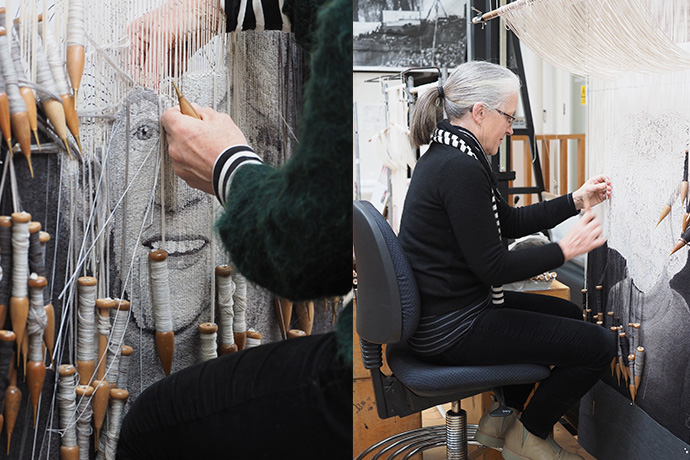 ATW weaver Pamela Joyce working on a portrait of The Honourable Margaret Lusink AM, 2019. Photograph: Peter Ittak.