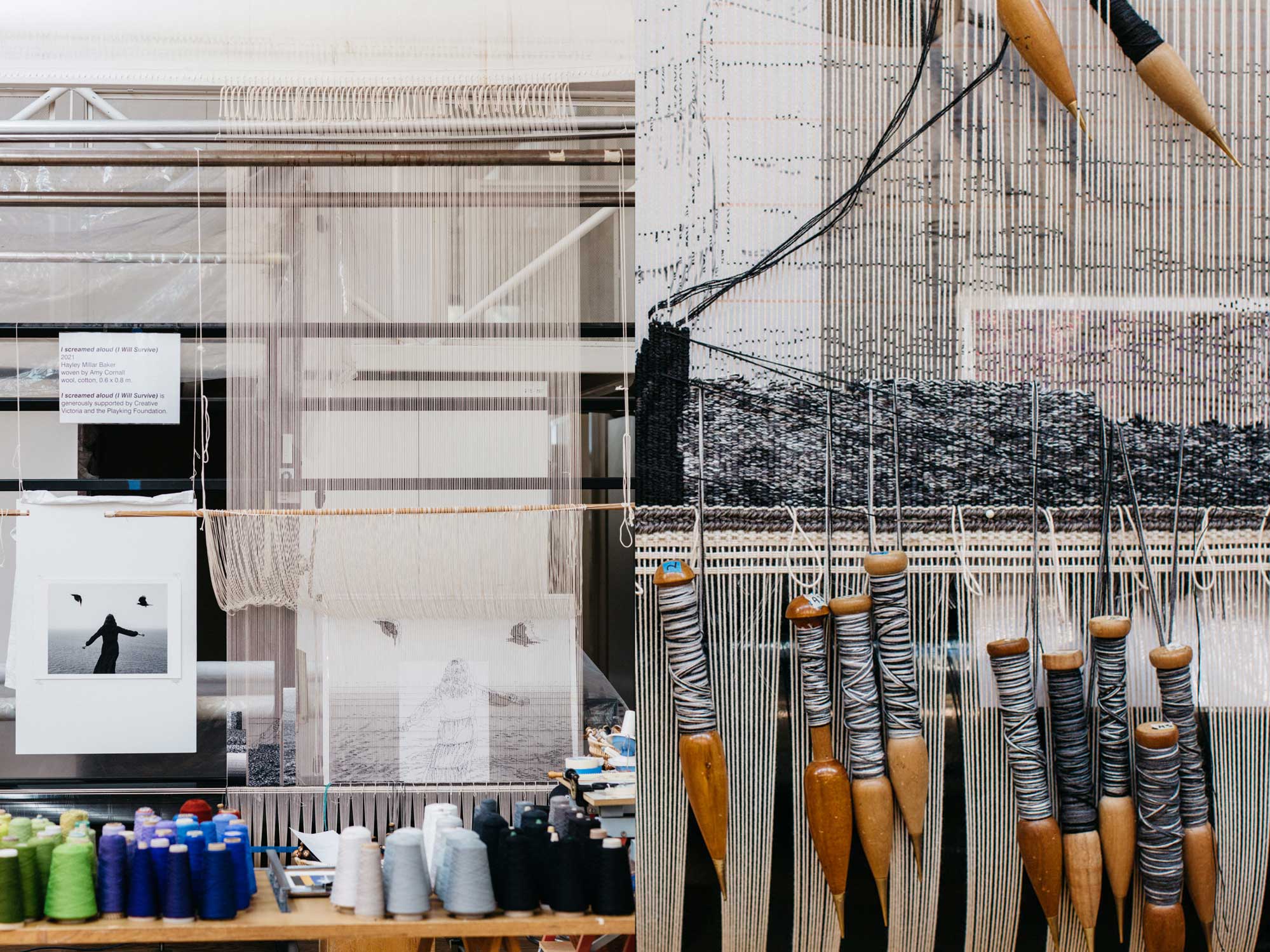 Tapestry in Progress: 'I screamed aloud (I Will Survive)', 2021, designed by Hayley Millar Baker, woven by Amy Cornall. Images courtesy of Marie-Luise Skibbe.