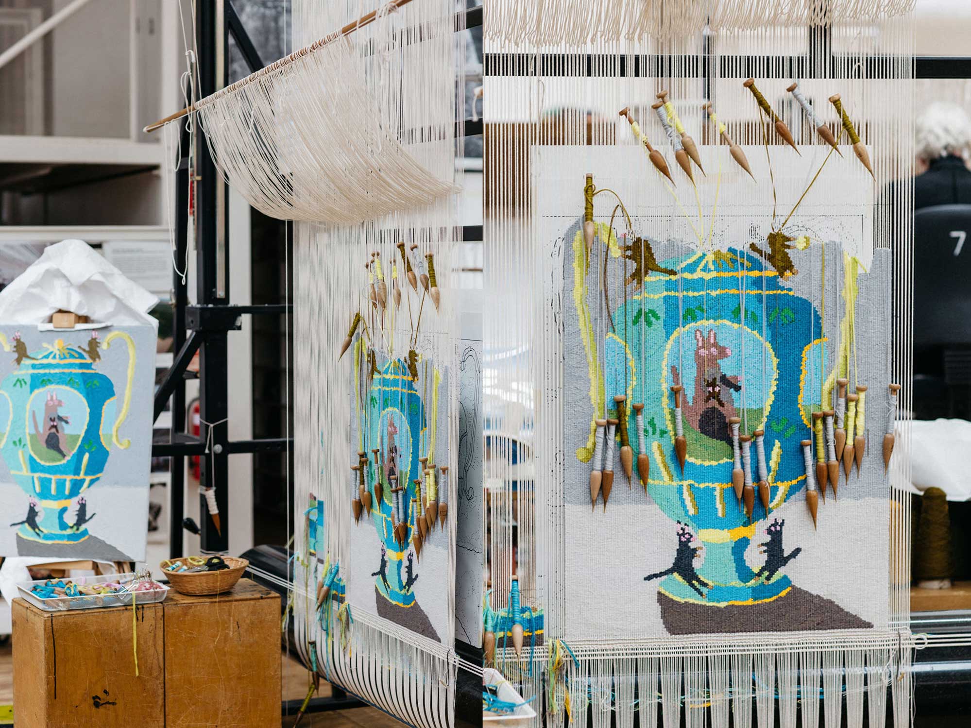 Tapestry in progress: 'big kangaroo urn', 2021, designed by Troy Emery, woven by Emma Sulzer. Images courtesy of Marie- Luise Skibbe.