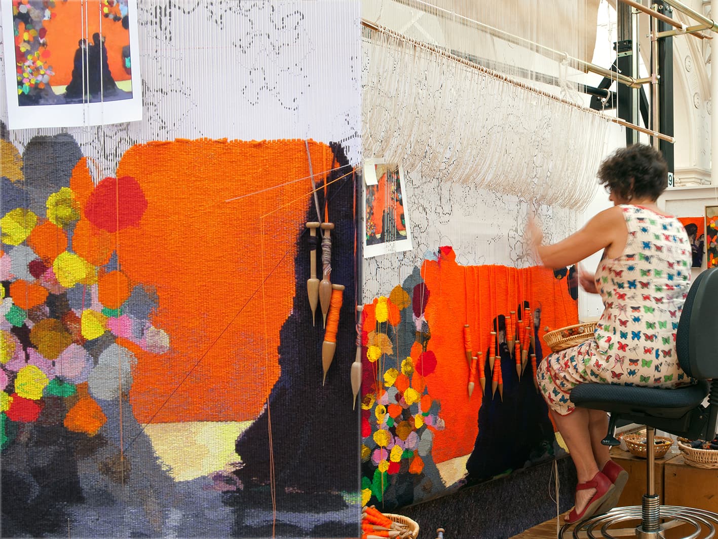 Left: Detail of ‘Rome’ designed by Brent Harris in 2012 and woven by Sue Batten. Right: ATW weaver Sue Batten working on 'Rome' designed by Brent Harris in 2012. Photographs: Viki Petherbridge.