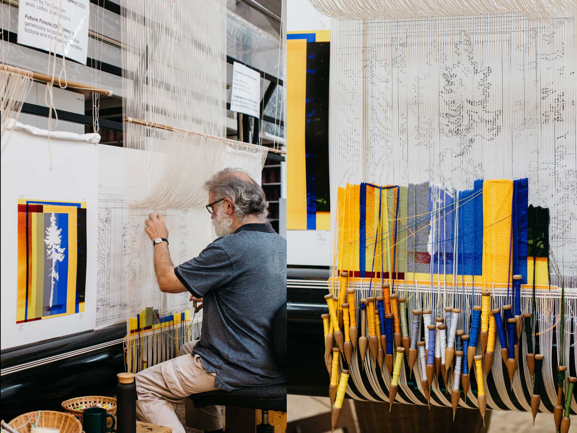 Tapestry in progress: 'Fossil Futures (Old Tjikko)', 2021, designed by Eugenia Lim, woven by Tim Gresham. Images courtesy of Marie-Luise Skibbe.
