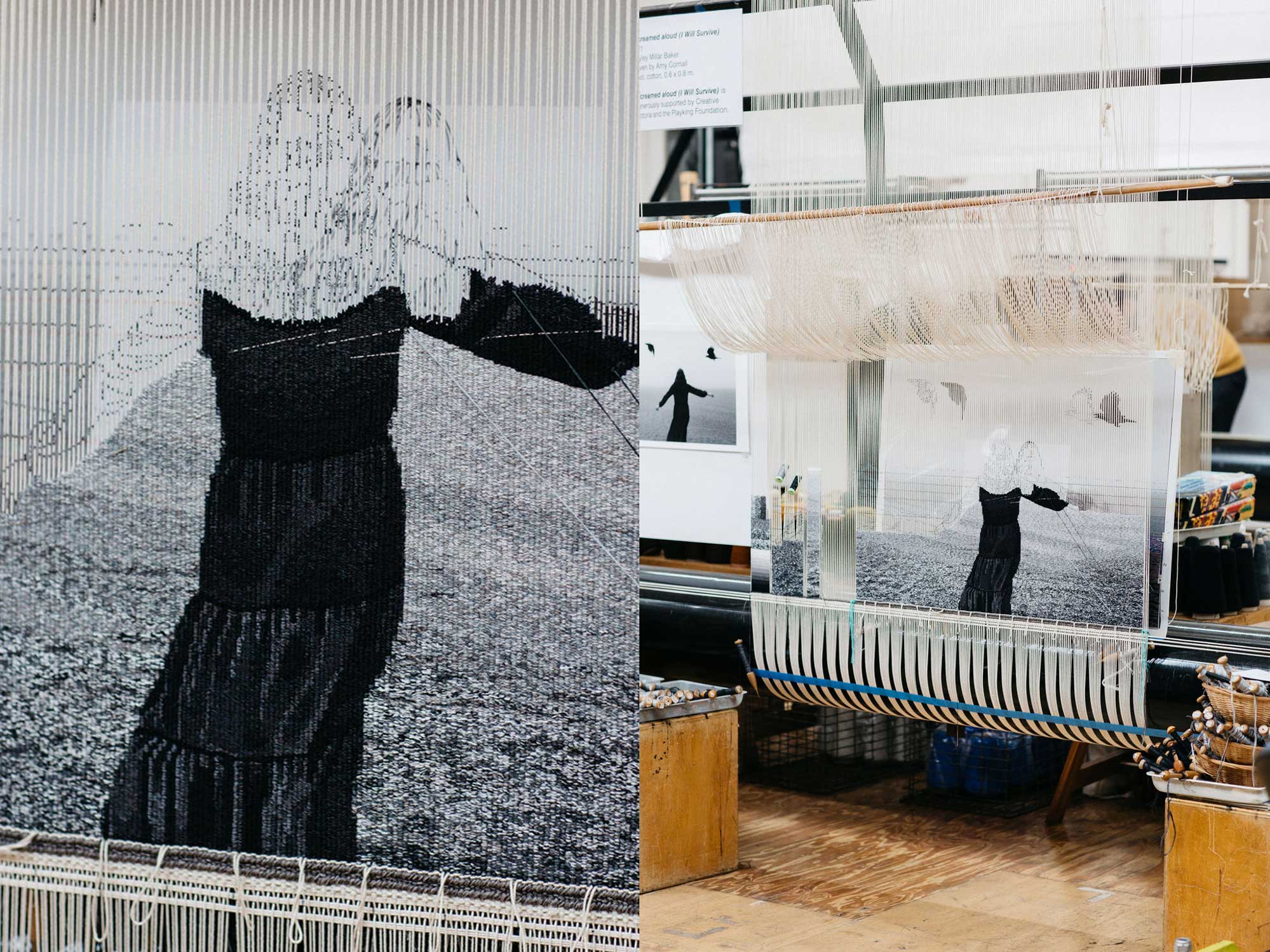 Tapestry in Progress: 'I screamed aloud (I Will Survive)', 2021, designed by Hayley Millar Baker, woven by Amy Cornall. Images courtesy of Marie-Luise Skibbe.